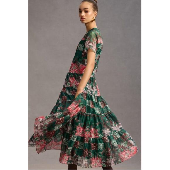 NEW Anthropologie Bhanuni Jyoti Tiered Short-Sleeve Dress Size XXS Green Maxi - Picture 5 of 10